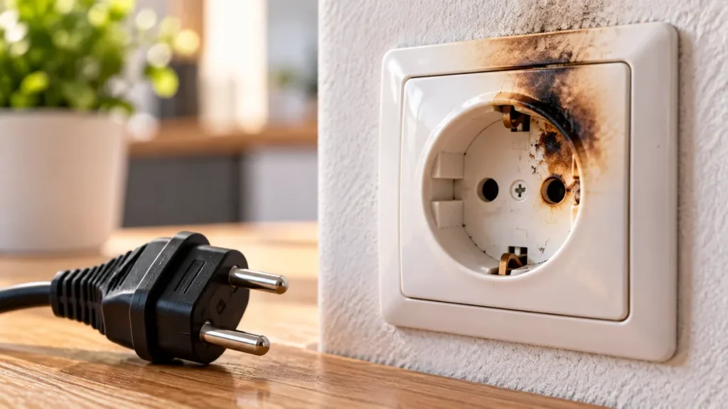 Enchufe quemado con señales de sobrecalentamiento eléctrico.